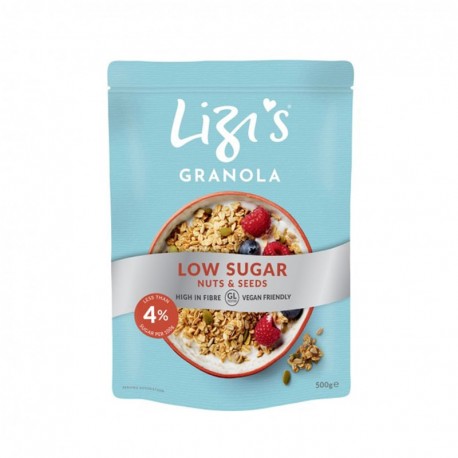 Lizis Granola Musli Nuca Cocos Bio 500g, albastru, fără zahăr, ambalaj modern.