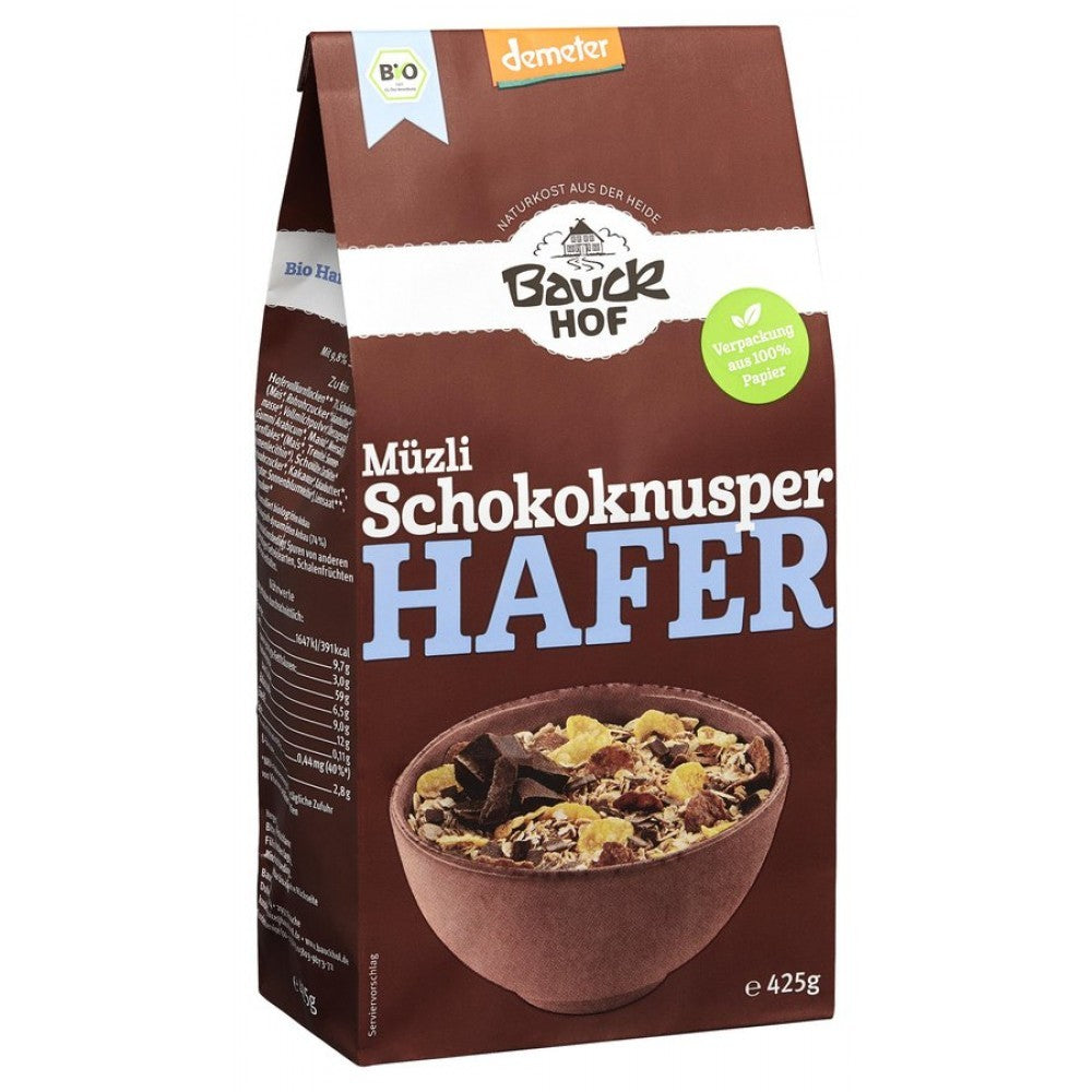Musli cu ovăz și ciocolată ecologică, ambalaj maro, logo Bauck Hof, 425g.