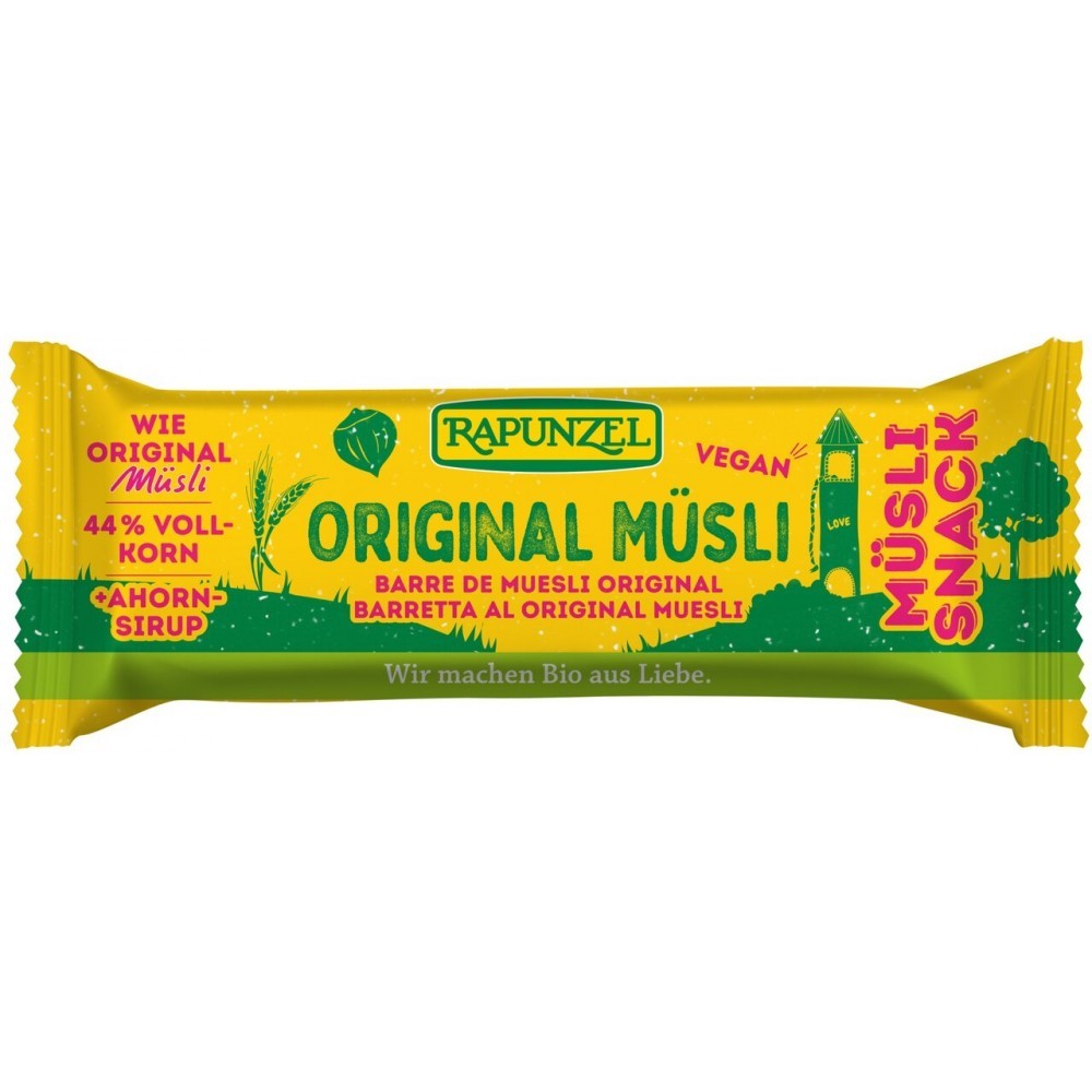 Musli snack original vegan bio 50g Rapunzel în ambalaj galben-verde, cu text în germană.