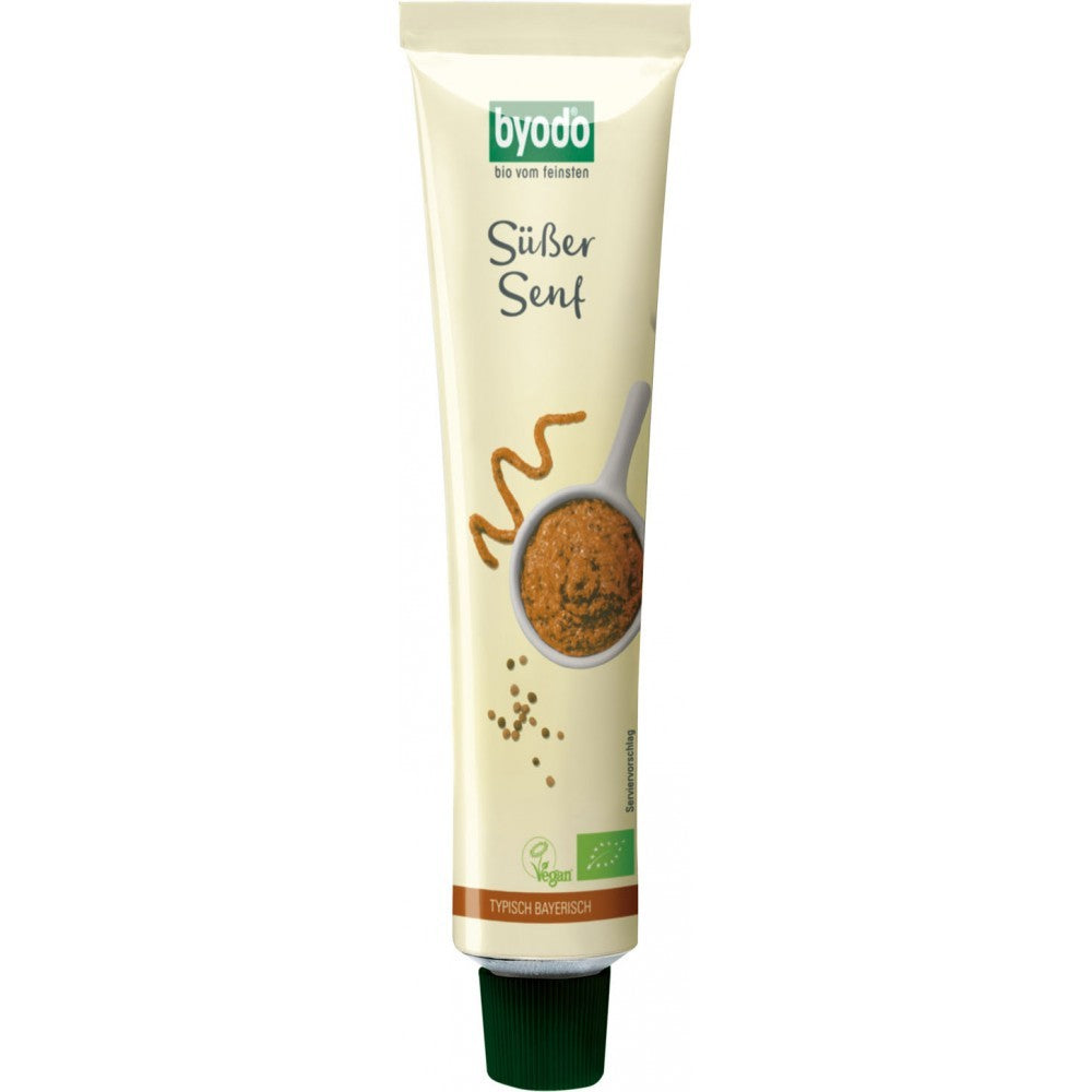 Mustar dulce bio Byodo 100ml, tub crem, capac verde, etichetă cu lingură și semințe.
