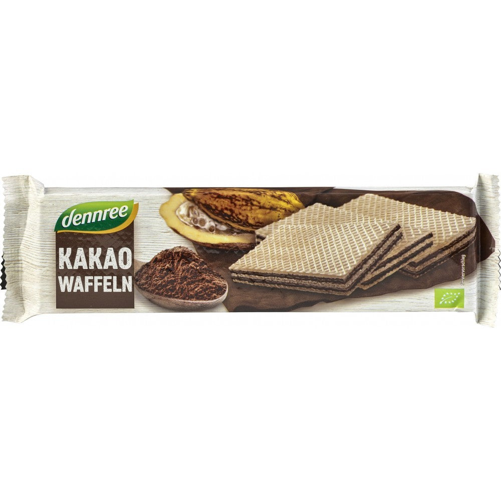 Napolitane bio cacao Dennree, ambalaj maro, cu imagine cacao și napolitane stratificate.