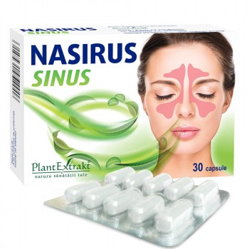 Capsule Nasirus Sinus 30 buc, cutie cu ilustrație sinusuri și fundal verde, PlantExtrakt.