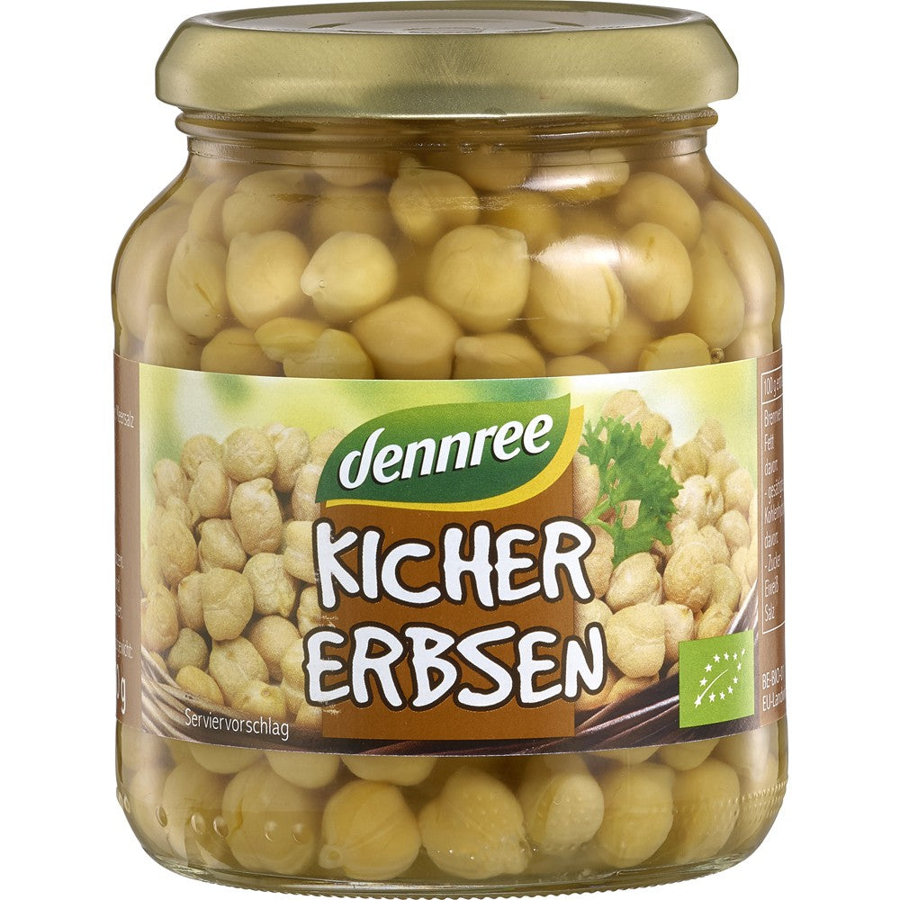 Naut bio Dennree 350g în borcan transparent cu capac auriu, etichetă verde și maro.