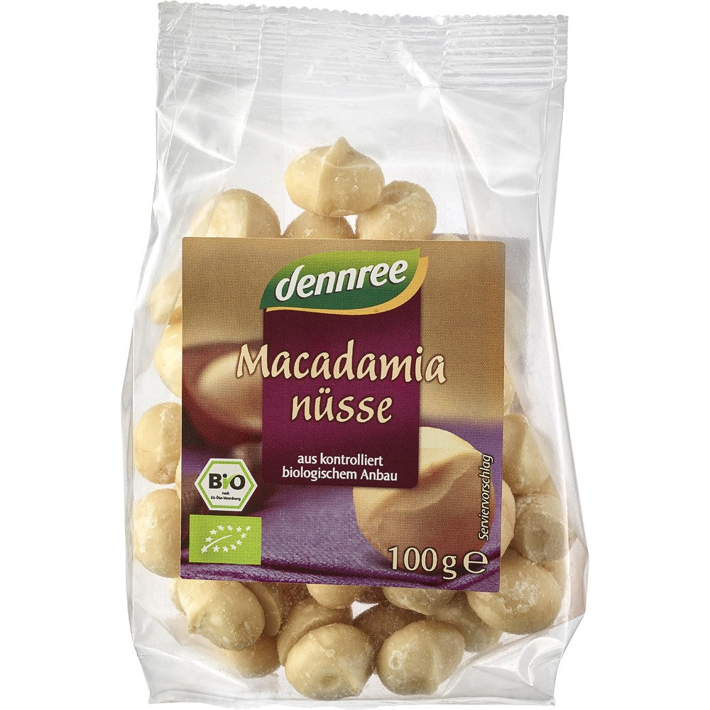 Nuci Macadamia Bio 100g Dennree în ambalaj transparent, textură cremoasă, cultivate ecologic.