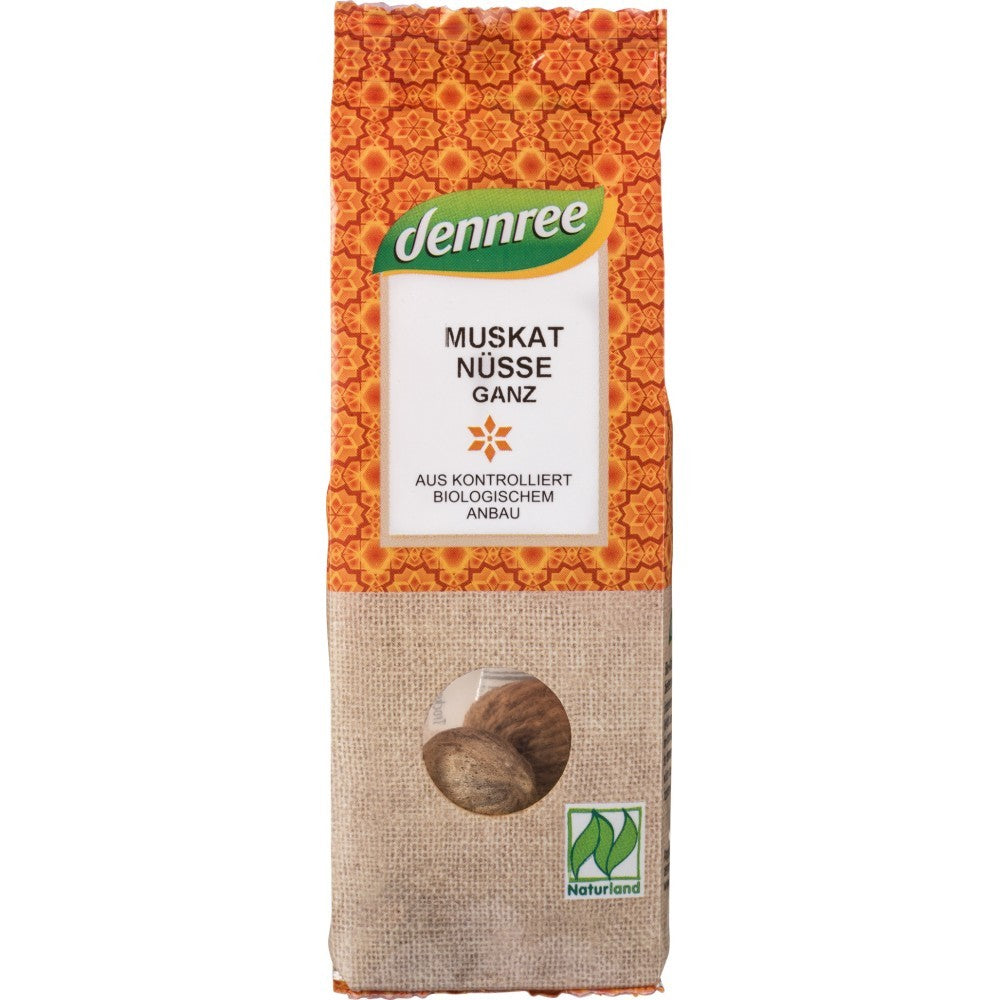 Nucsoara bio întreagă Dennree, ambalaj portocaliu maro cu fereastră transparentă.