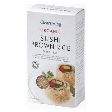 Cutie albă Orez Brun Sushi Eco 500g Clearspring cu imagini sushi pe ambalaj.