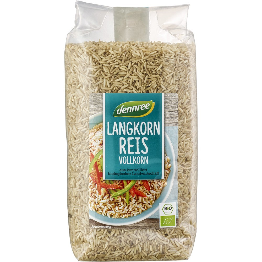 Orez integral bob lung bio 1 kg Dennree, ambalaj transparent, etichetă verde.
