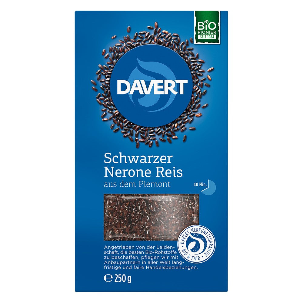 Orez negru Nerone Davert 250g Piemont, ambalaj albastru, organic, granule vizibile.