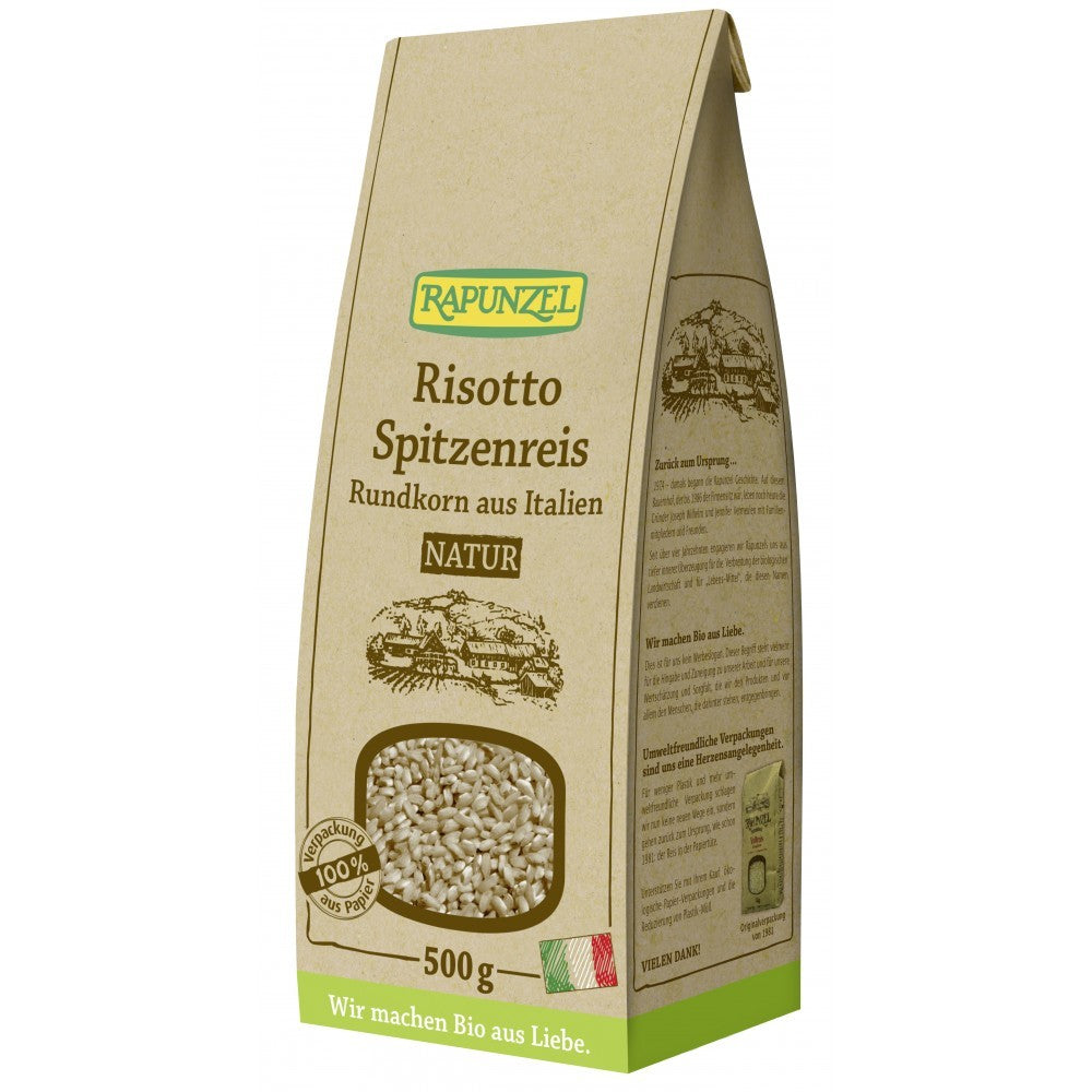 Orez Risotto bio cu bob rotund Rapunzel, pachet eco 500g, etichetă natur.