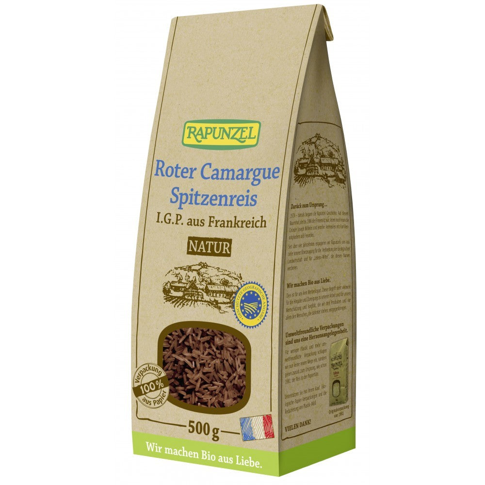 Orez roșu bio Camargue Rapunzel 500g, ambalaj ecologic, culoare roșu intens.