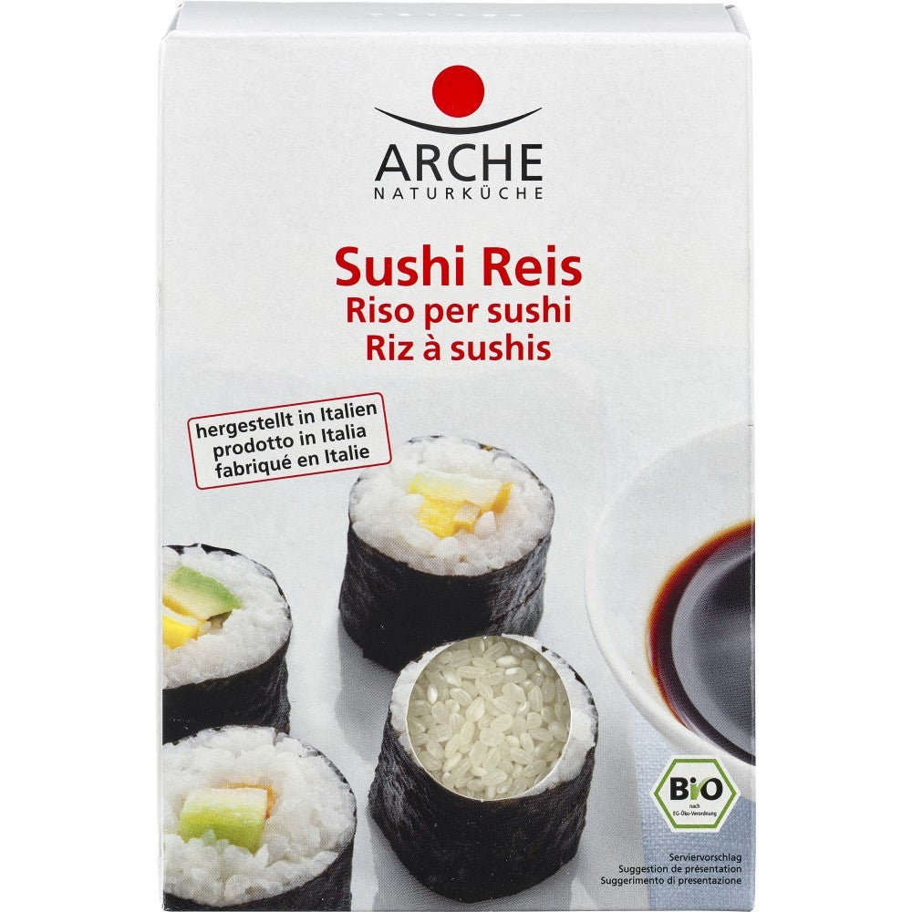 Cutie orez sushi bio Arche 500g, boabe albe, imagine rulouri maki, certificare ecologica.