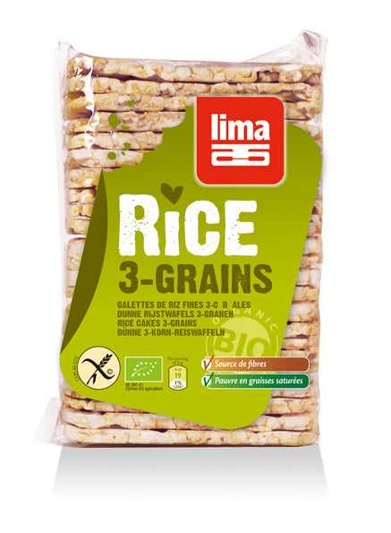  Rondele de orez expandat cu, 3 cereale, eco, 130g,  Lima                                                