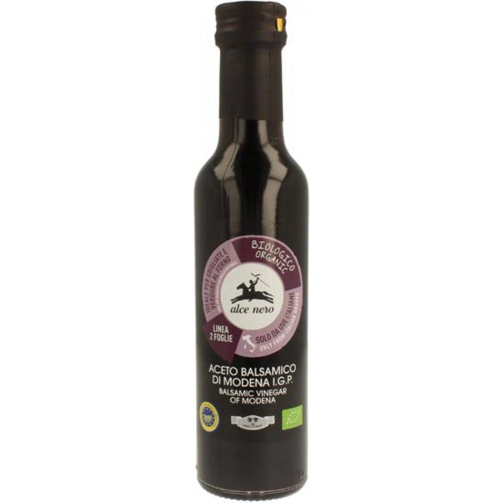 Sticlă oțet balsamic Di Modena I.G.P ECO Alce Nero, bio, etichetă violet.