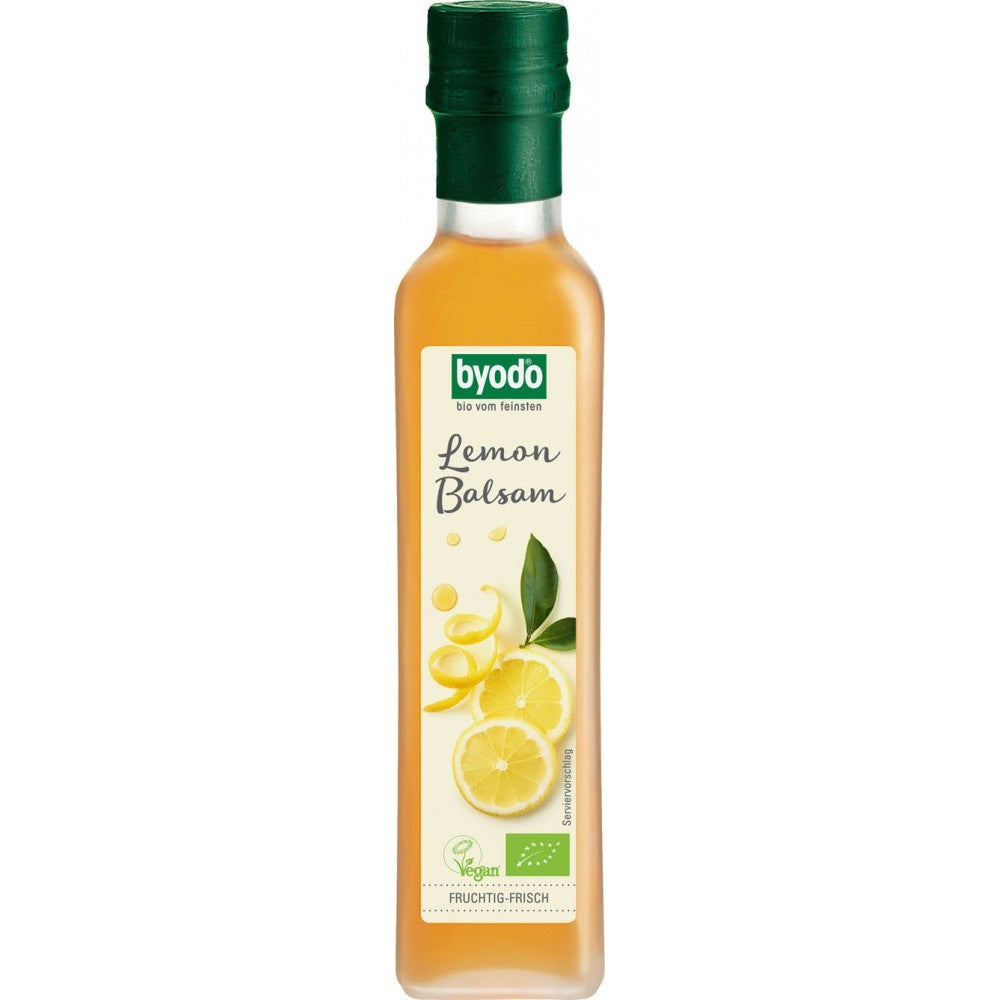 Oțet balsamic de lămâie Byodo 250ml, sticlă cu etichetă verde și imagini lămâi, eco, bio.