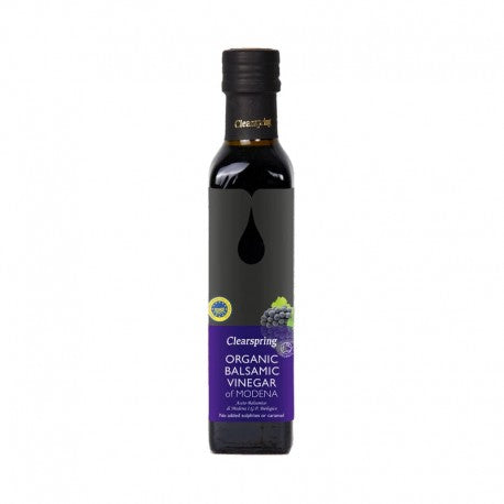 Oțet balsamic Modena ECO 250ml, sticlă neagră, etichetă albastră cu logo și struguri.