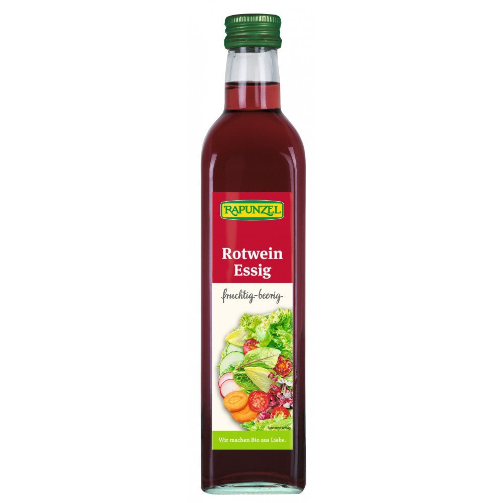 Oțet bio din vin roșu Rapunzel 500ml, sticlă, etichetă colorată, capac verde.
