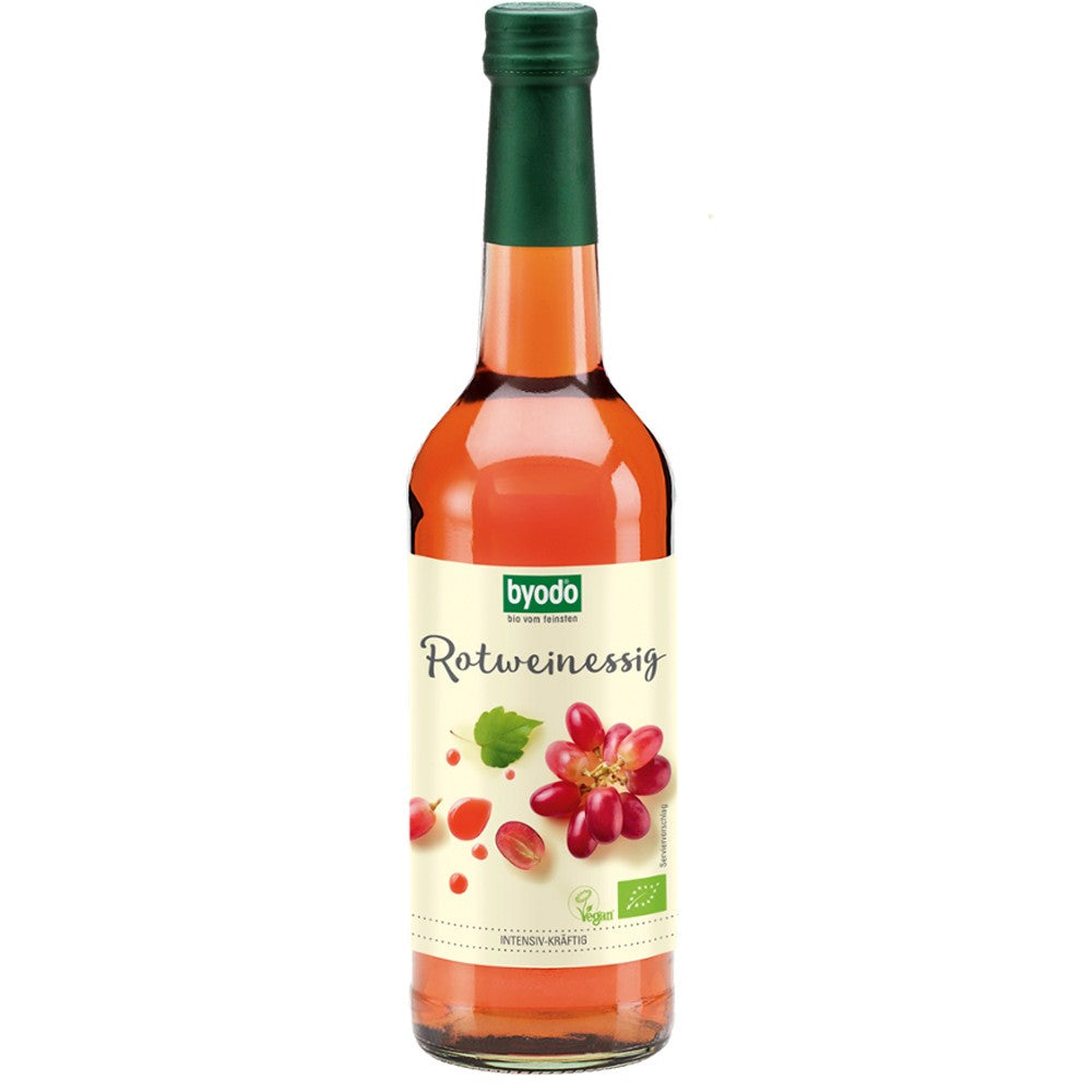 Oțet de vin roșu bio Byodo 500ml, sticlă maro cu etichetă crem și motiv struguri.