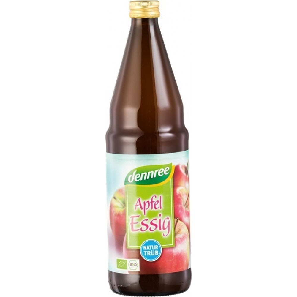 Sticlă otet de mere nefiltrat bio Dennree 750ml, etichetă verde cu mere, capac auriu.