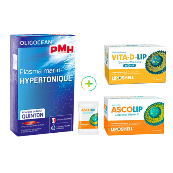  Pachet plasma marina hipertonic Oligocean + vitamina c lipozomala 1000mg + vitamina d lipozomala vita-d-lip 4000ui