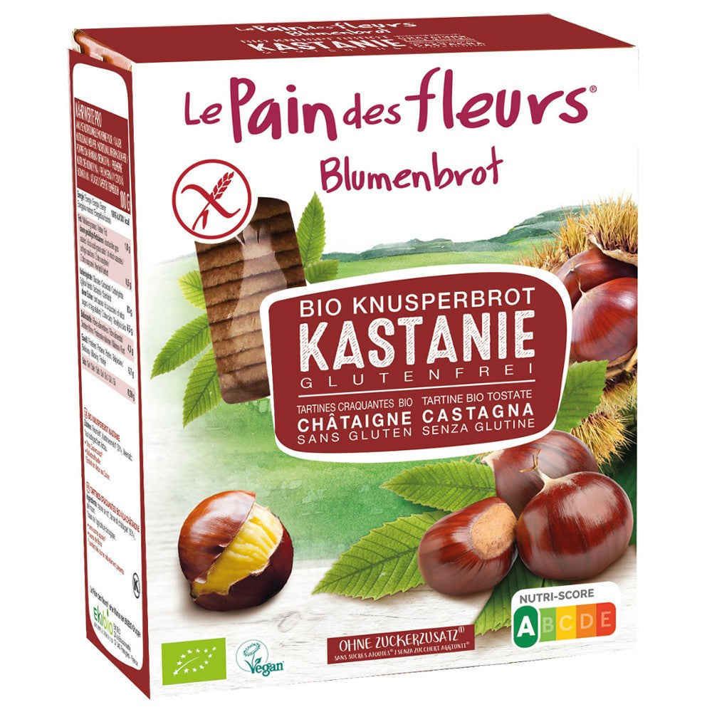 Pâine bio crocantă cu castane fără gluten 150g Blumenbrot în ambalaj colorat.