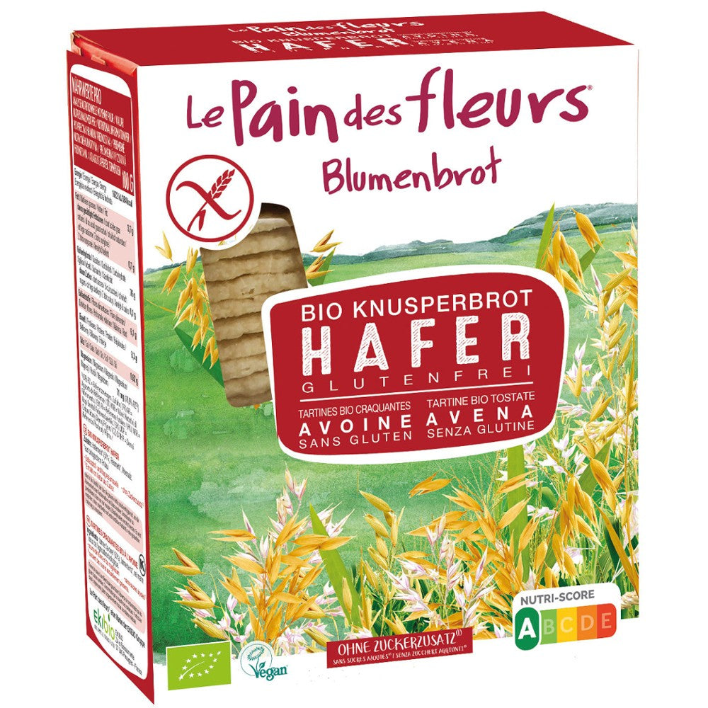 Pâine bio fără gluten cu ovăz Blumenbrot 150g, ambalaj carton colorat, ilustrație ovăz.