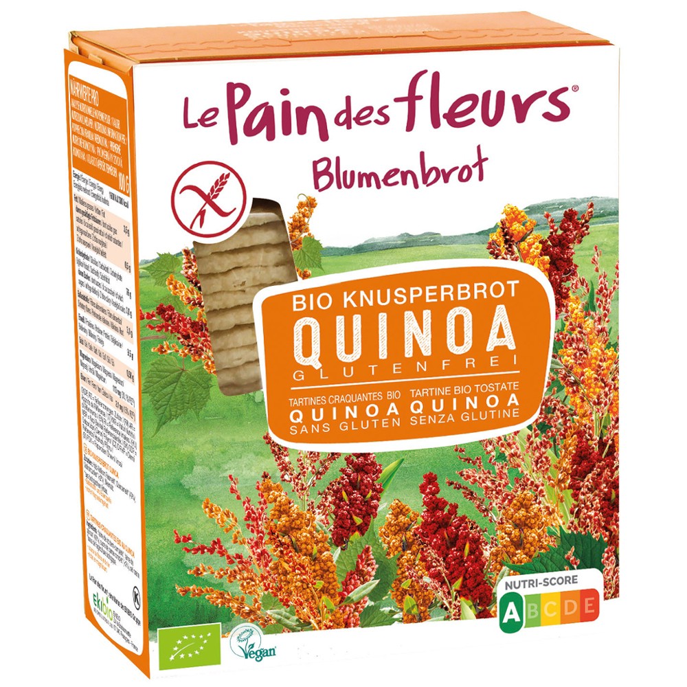 Pâine bio quinoa fără gluten 150g Blumenbrot în cutie cu grafică colorată.
