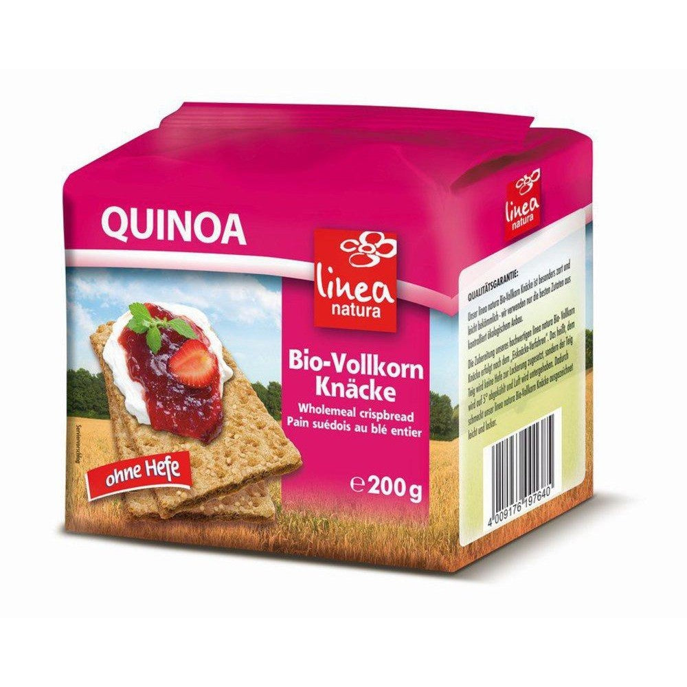 Pachet Paine crocanta quinoa 200g Linea Natura, ambalaj roz, cu imagine paine si fructe.