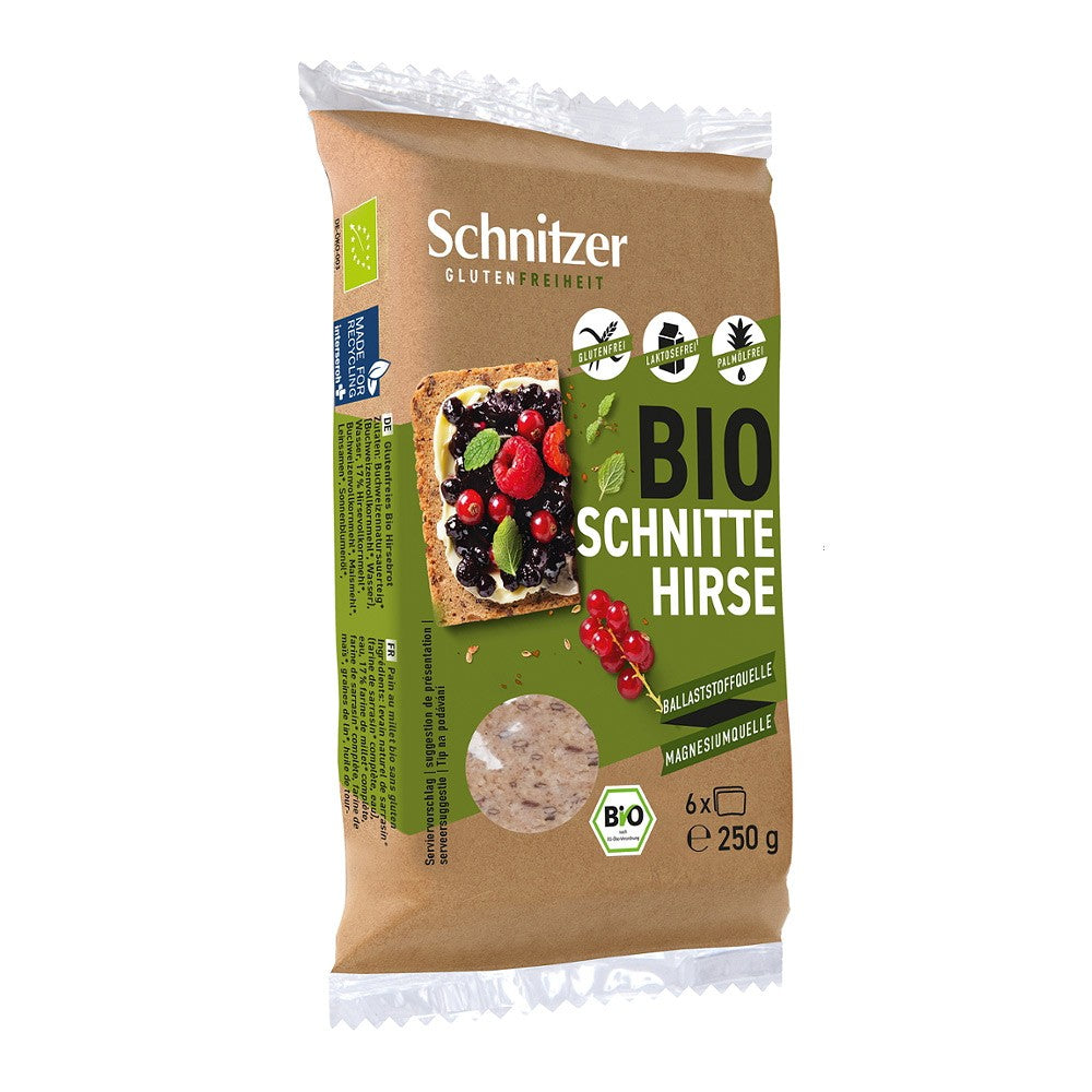 Pâine din mei bio fără gluten și lactoză Schnitzer, ambalată, 6 felii, 250g.