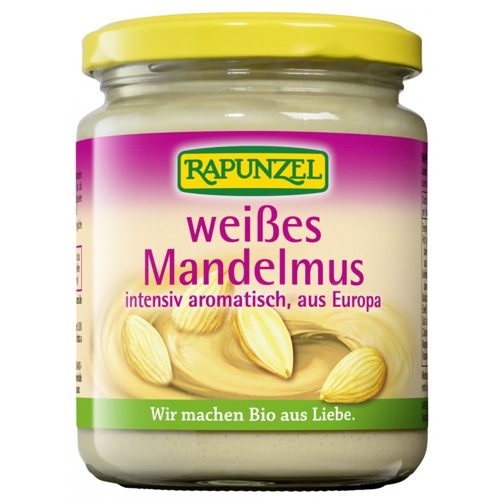 Borcan cu pastă albă de migdale ecologică Rapunzel, capac galben, etichetă mov.