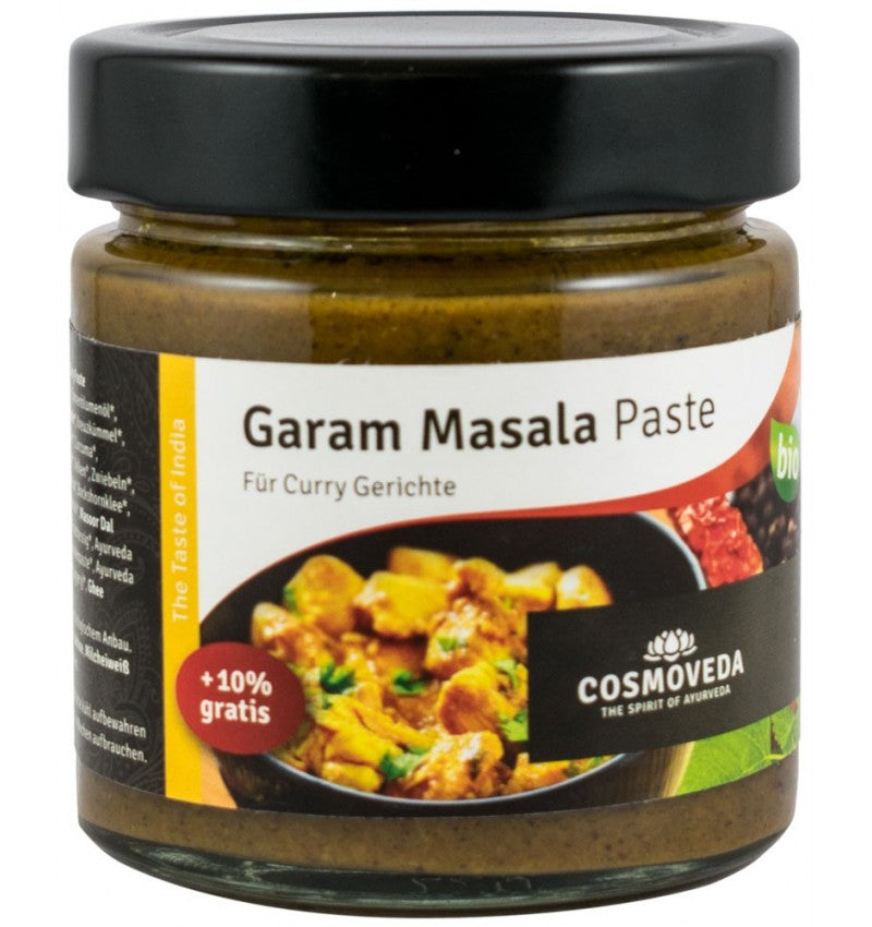 Pastă bio garam masala Cosmoveda, 175 g, borcan sticlă cu etichetă colorată.