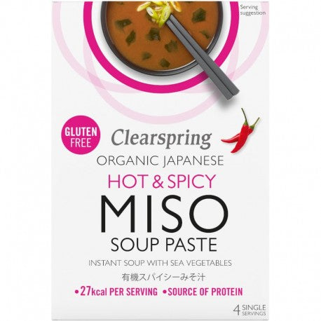 Pasta supa miso instant picanta Bio Clearspring 4x15g, cutie albă, accente roz și chili roșu.