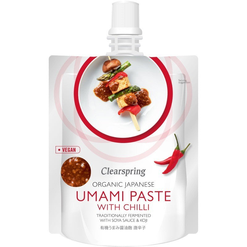 Pasta Umami Chilli Clearspring eco 150g, ambalaj alb, detaliu cuișoară roșie.