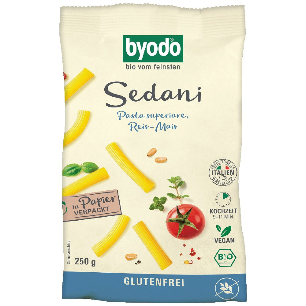 Paste bio sedani porumb orez fără gluten Byodo, pachet 250g, ingrediente organice.