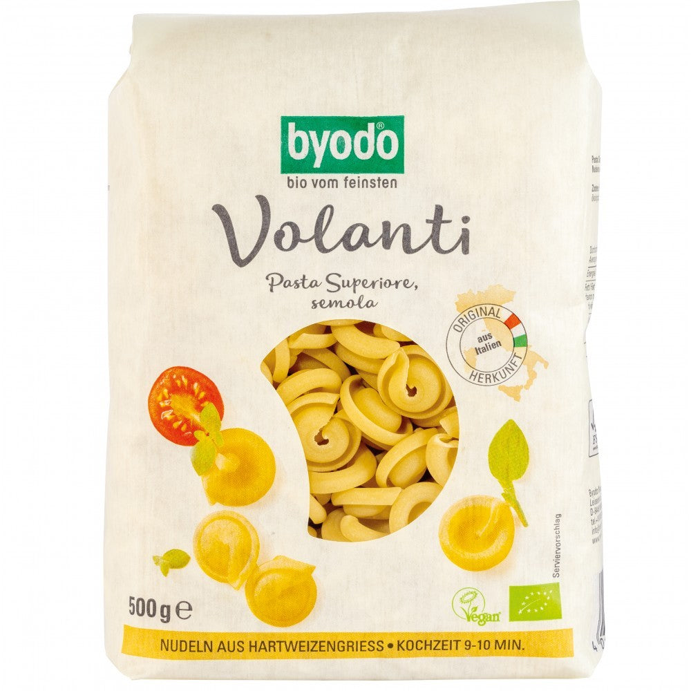 Paste bio Volanti din grâu dur Byodo 500g, culoare galben deschis, ambalaj alb cu detalii verzi și ilustrații.