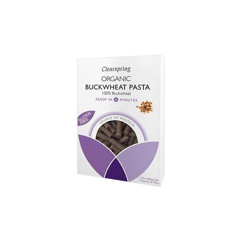 Paste de hrișcă Clearspring Eco, 250g, faină de hrișcă, fără gluten, ambalaj alb cu mov.