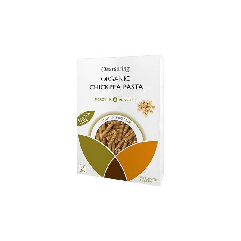 Paste naut Clearspring 250g fără gluten, bogate în proteine și fibre, în ambalaj alb cu detalii verzi și portocalii.
