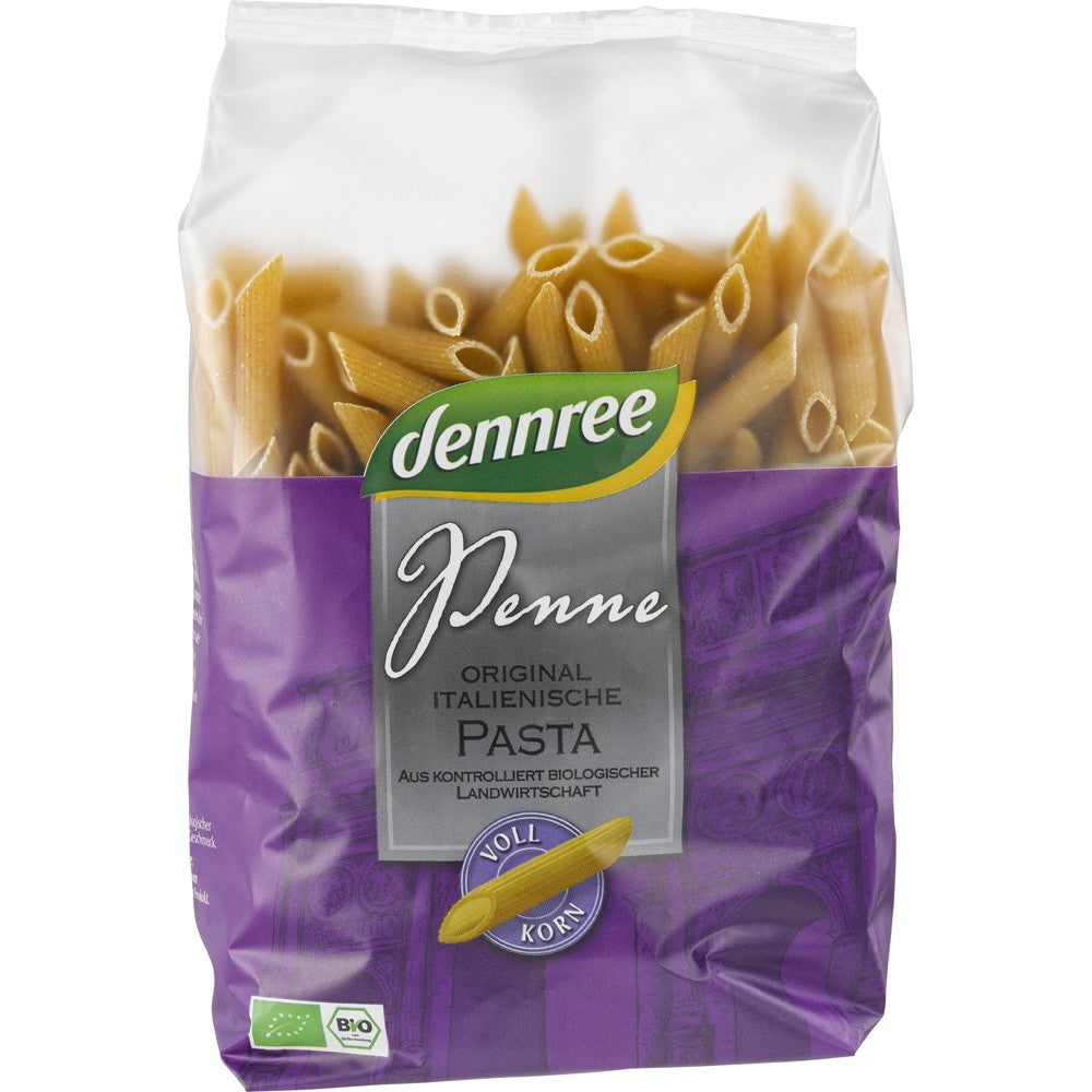 Penne integrale Dennree 500g, ambalaj mov, paste bio din grâu dur.