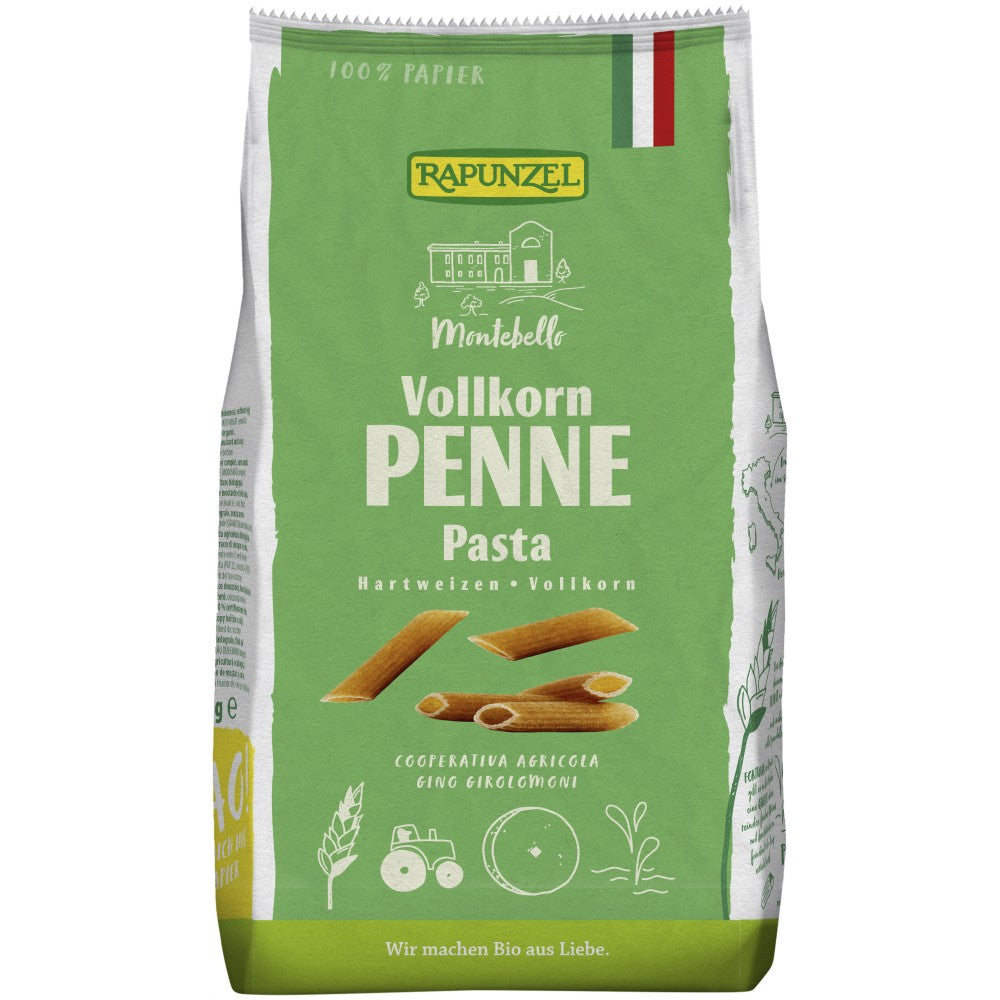 Penne integrale bio Rapunzel 500g, ambalaj verde, grâu dur ecologic integral.