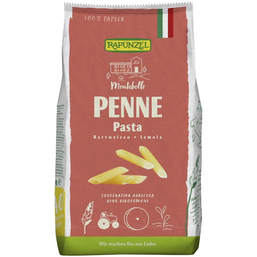 Penne semola bio 500g Rapunzel, ambalaj bej-verde, etichetă detaliată.