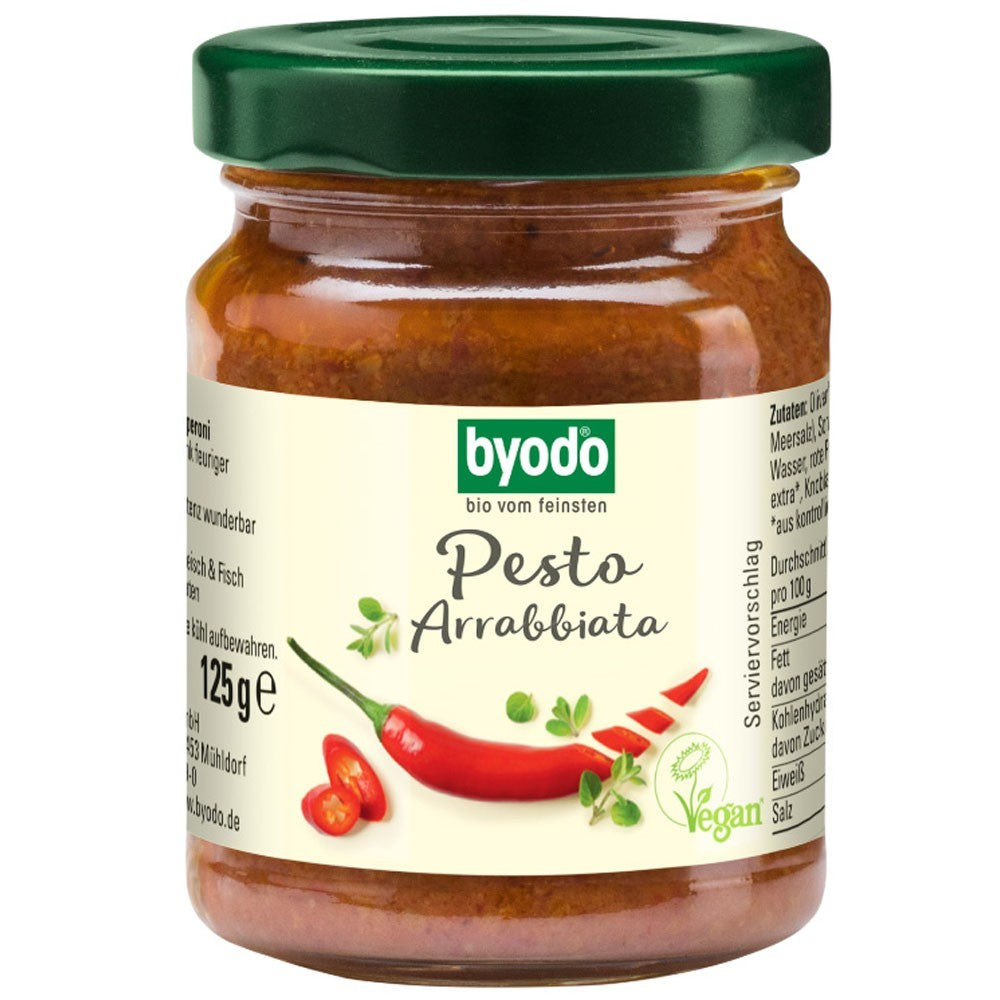 Borcan Pesto bio Arrabbiata, capac verde, etichetă cu ardei roșu și ierburi, 125g.