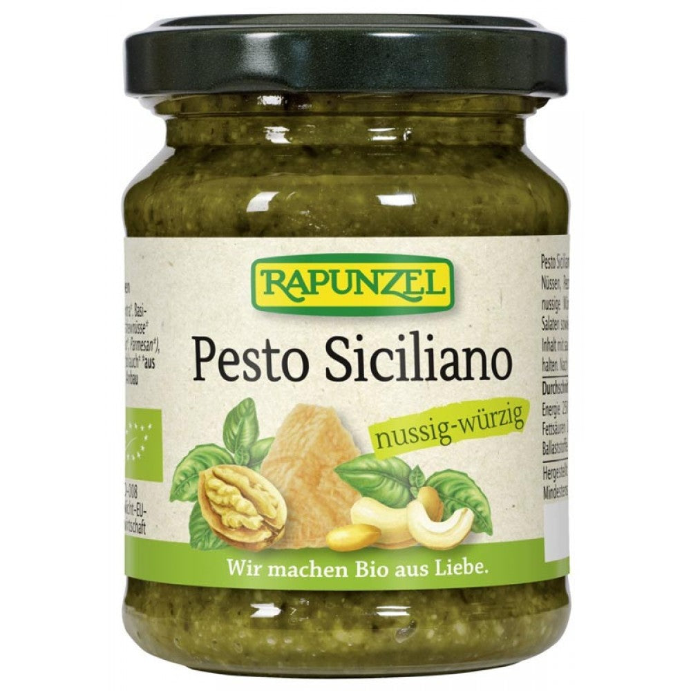 Borcan de Pesto Siciliano Bio Rapunzel, 120g, etichetă verde și galbenă, capac negru.