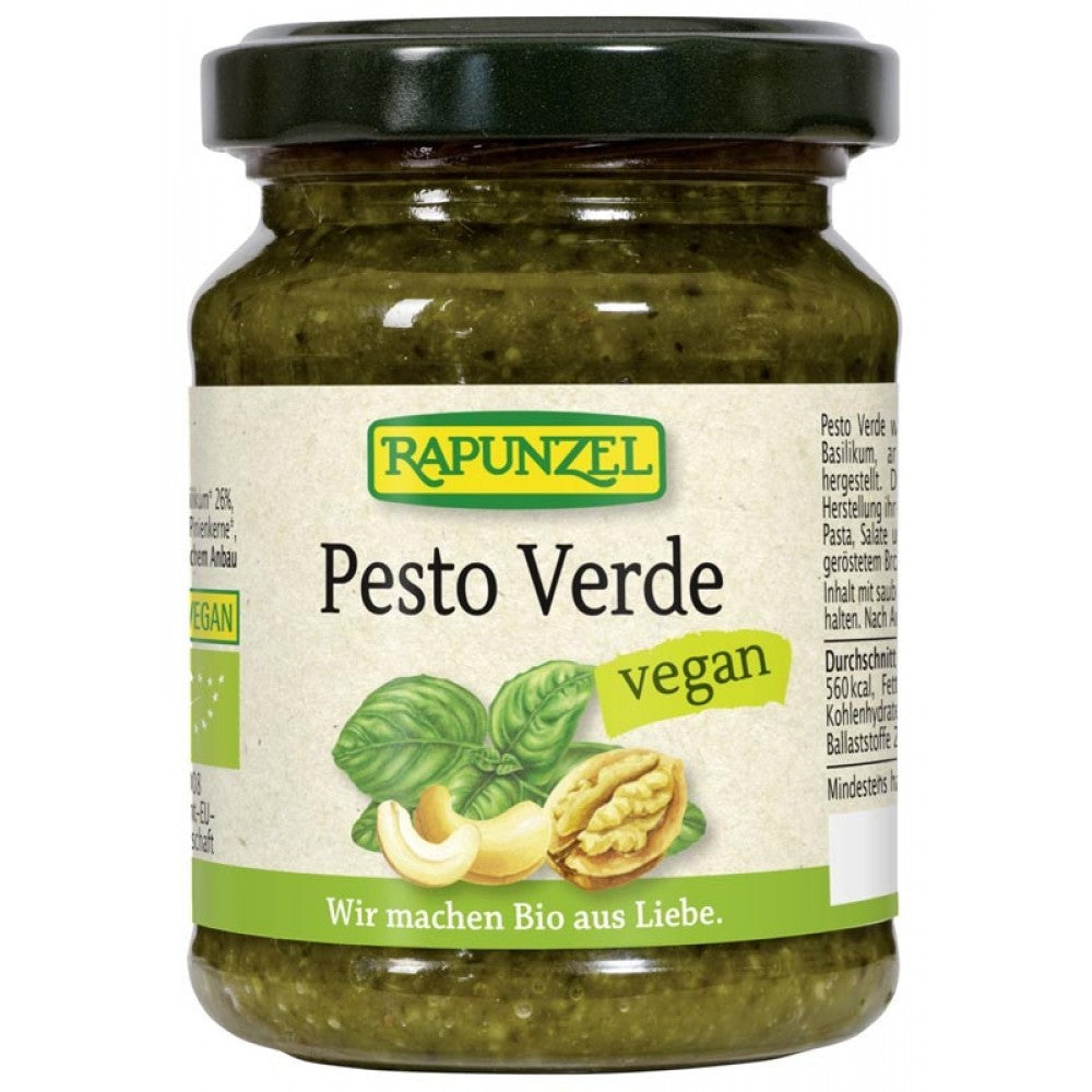 Borcan Pesto Verde bio vegan Rapunzel, etichetă verde, 120g, busuioc, semințe floarea-soarelui.