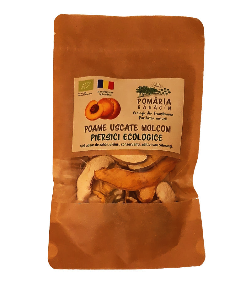 Piersici uscate bio Pomaria Badacin, ambalaj maro, 50g, fără adaosuri.