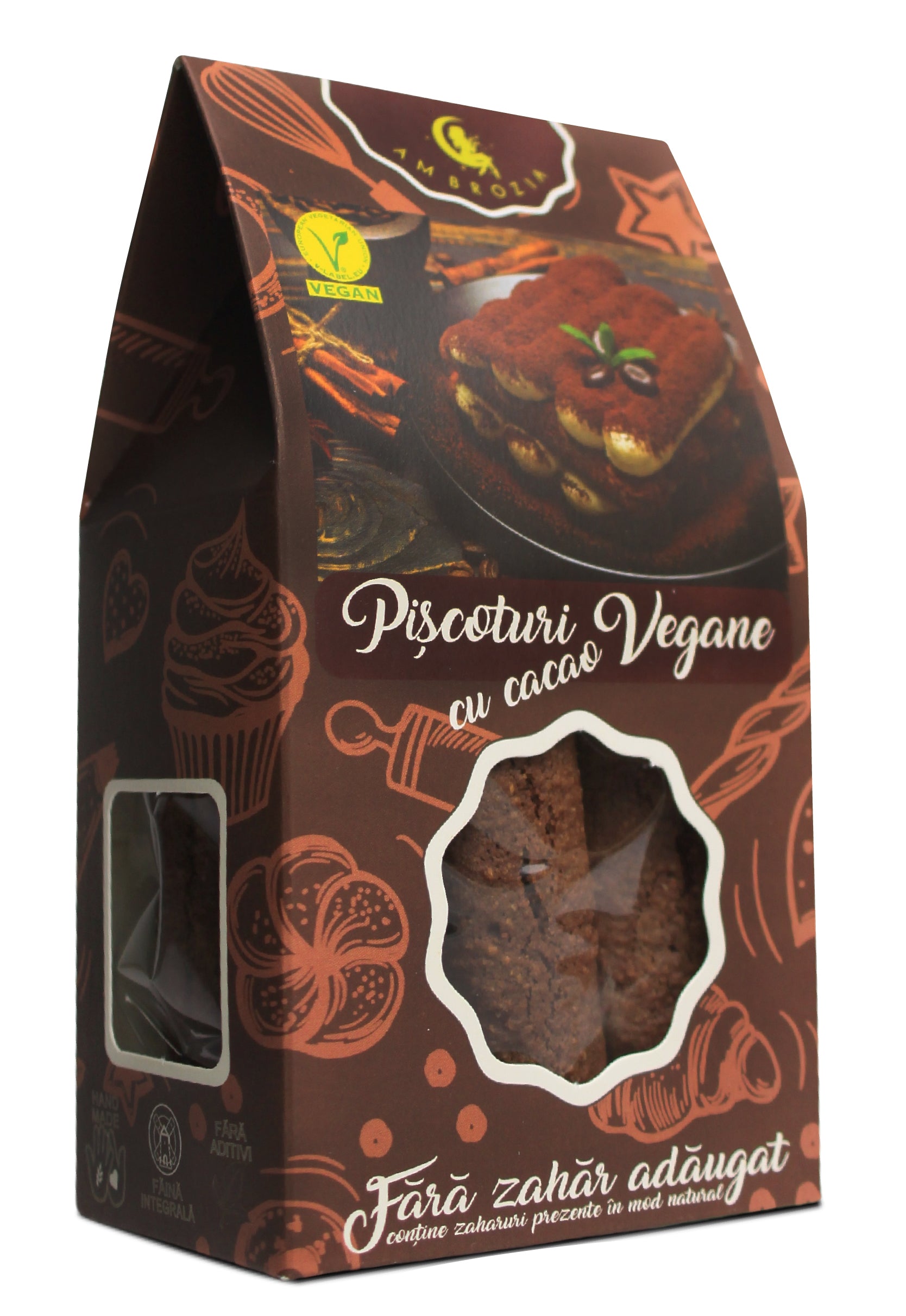 Cutie maro piscoturi vegane cu cacao Ambrozia, 130g, față decorativă cu vizor transparent.