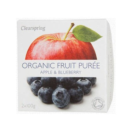 Piure mere cu afine Clearspring, ecologic, 2x100g, ambalaj cu fructe.