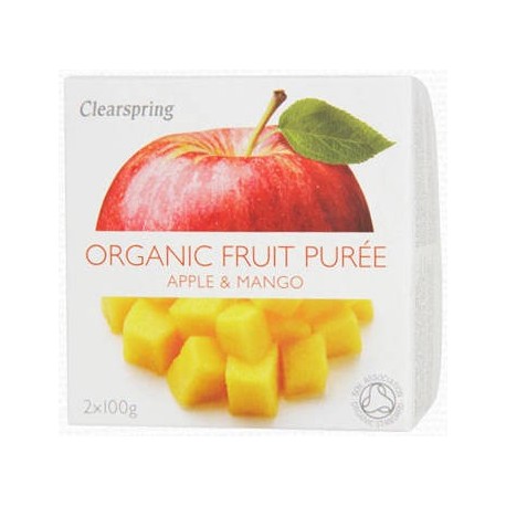 Piure Mere Mango Eco Clearspring 2x100g, fără adaosuri, ambalaj cu imagine fructe, text organic.