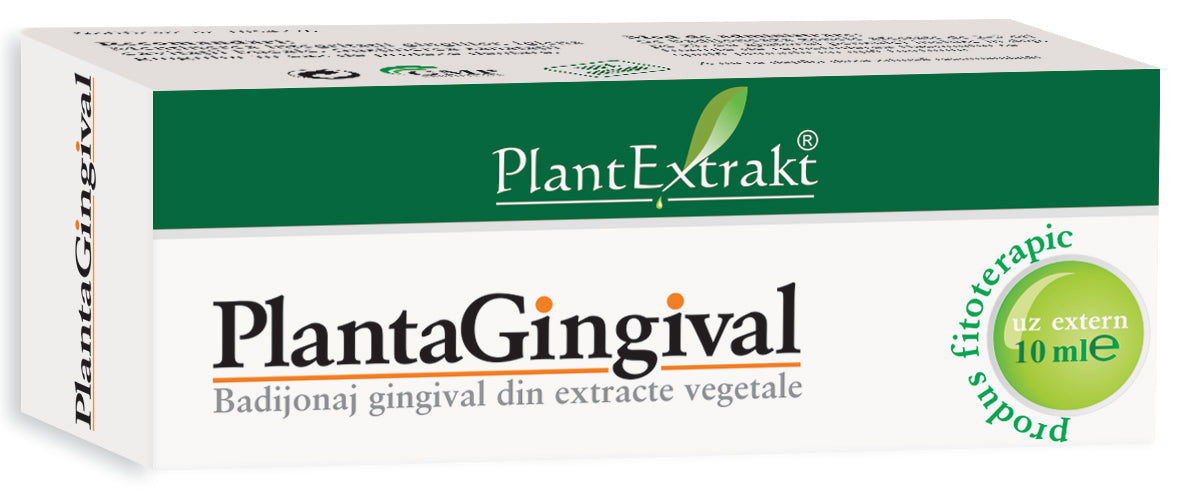 PlantaGingival, 10 ml, extracte vegetale, flacon cu pensulă, cutie alb-verde, uz extern.