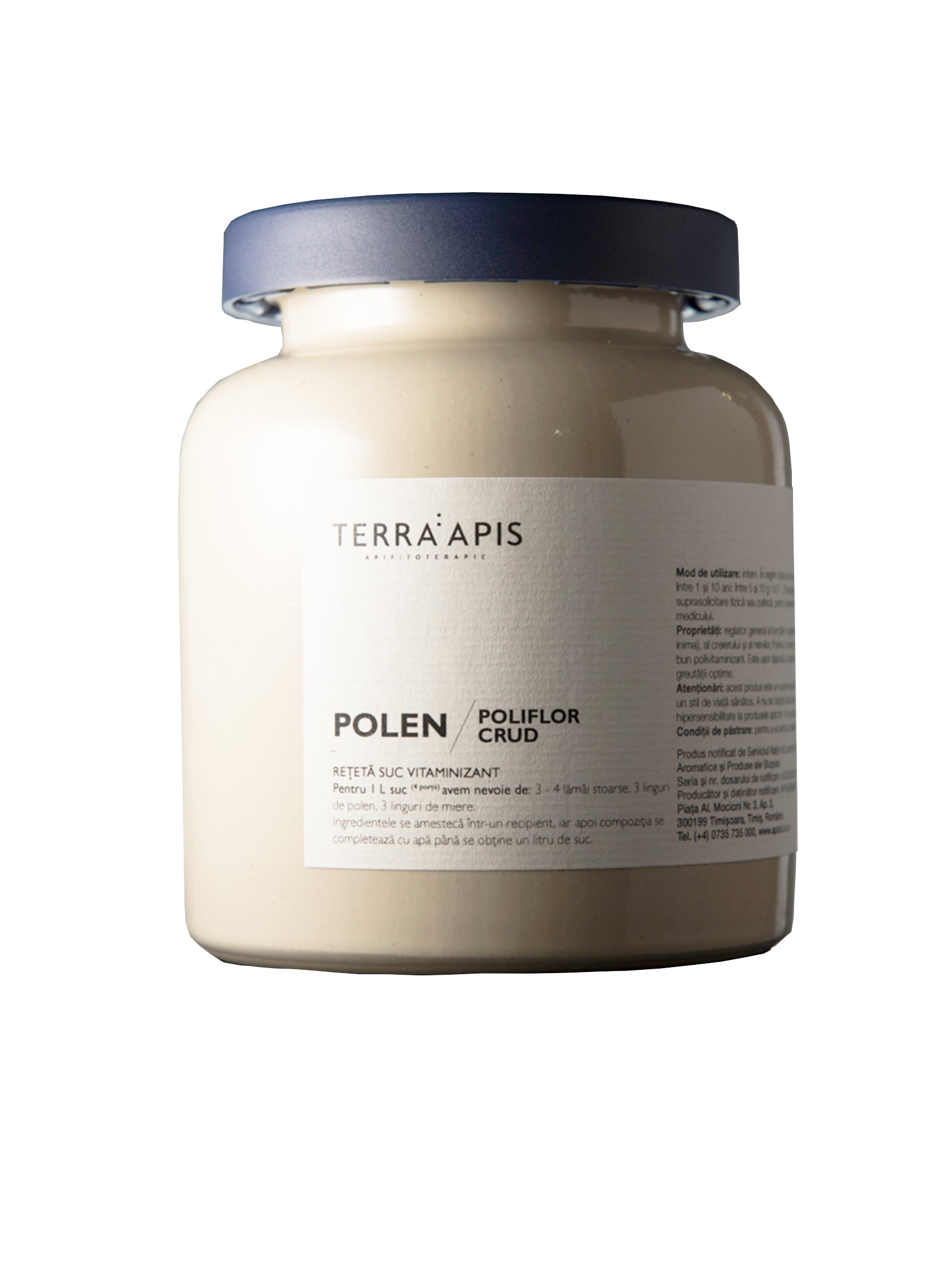 Borcan ceramic cu capac albastru, etichetă "Polen Poliflor Crud", Terra Apis, 350g.