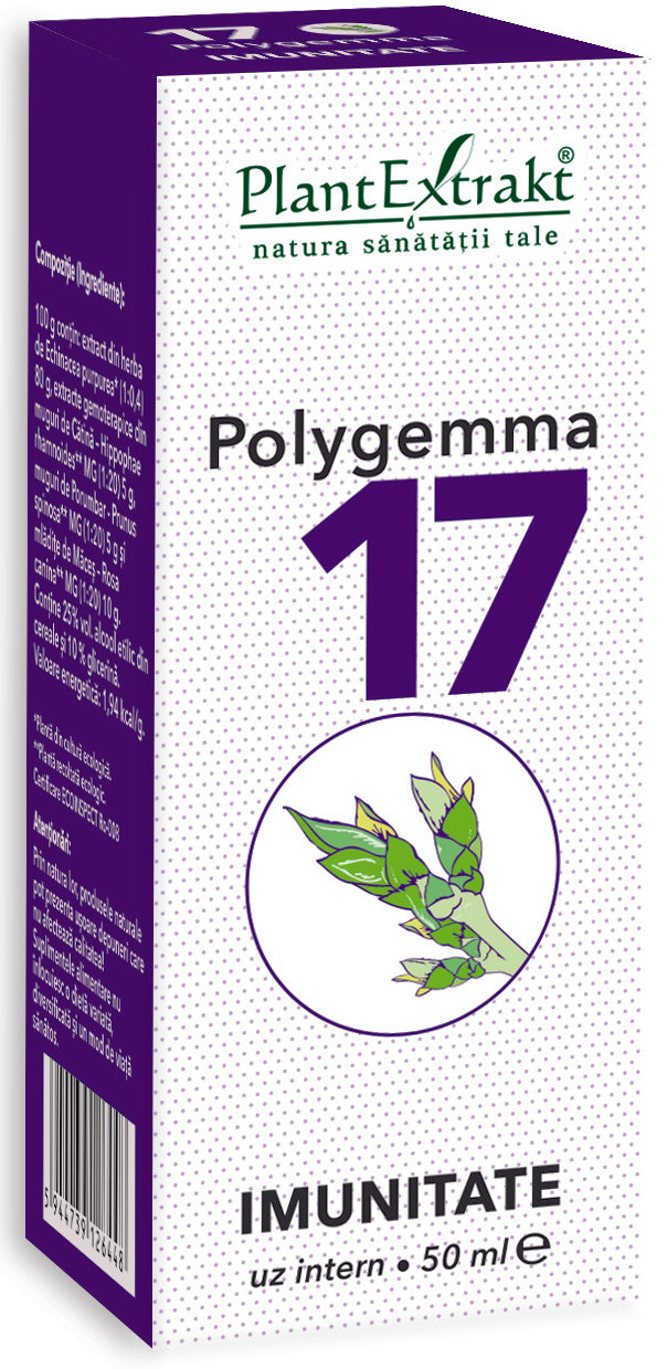 Supliment Polygemma 17 imunitate, cutie mov cu 50 ml, extracte gemoterapice și Echinacea.