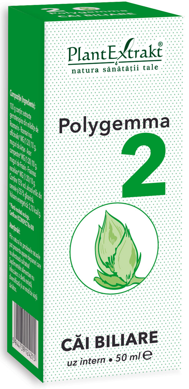 Polygemma 2, extracte gemoterapice rozmarin, arțar, frasin, 50 ml, cutie verde.